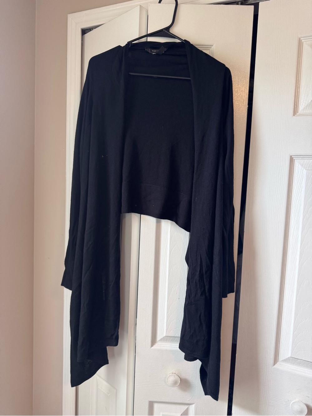BCBGMAXAZRIA Asymmetric Draped Open Front Cardigan Black Soft Knit Wrap US XS/S